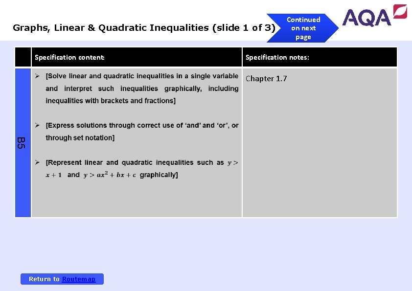 Graphs, Linear & Quadratic Inequalities (slide 1 of 3) Specification content: Continued on next