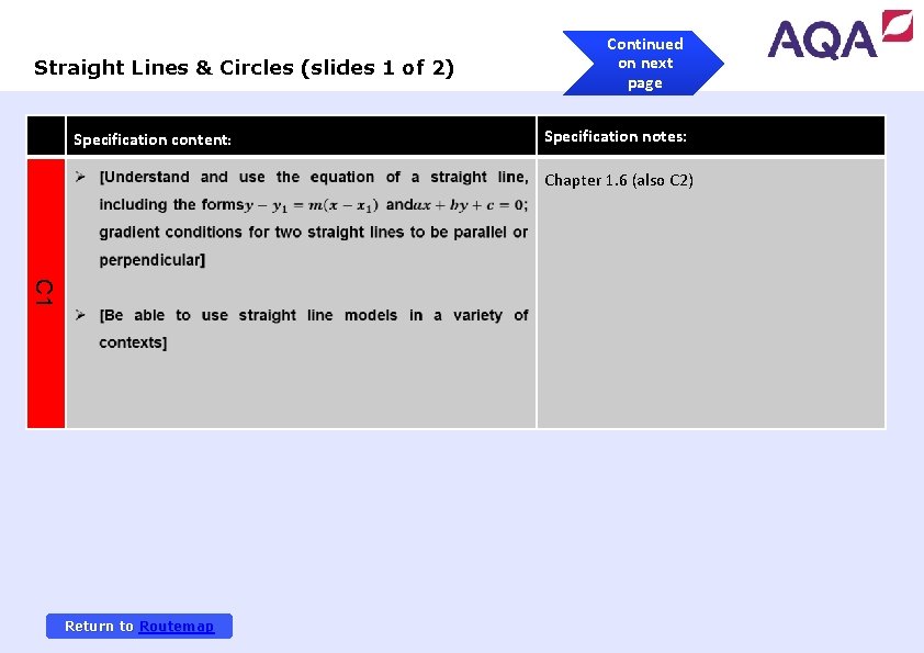 Straight Lines & Circles (slides 1 of 2) Specification content: Continued on next page