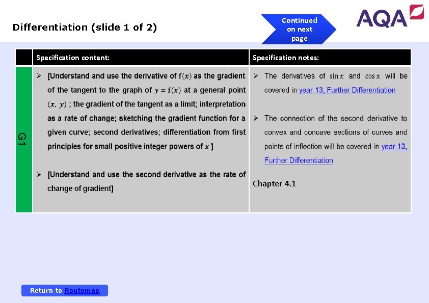 Differentiation (slide 1 of 2) Specification content: Continued on next page Specification notes: G