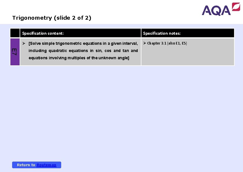 Trigonometry (slide 2 of 2) Continued on next page Specification content: Specification notes: Ø