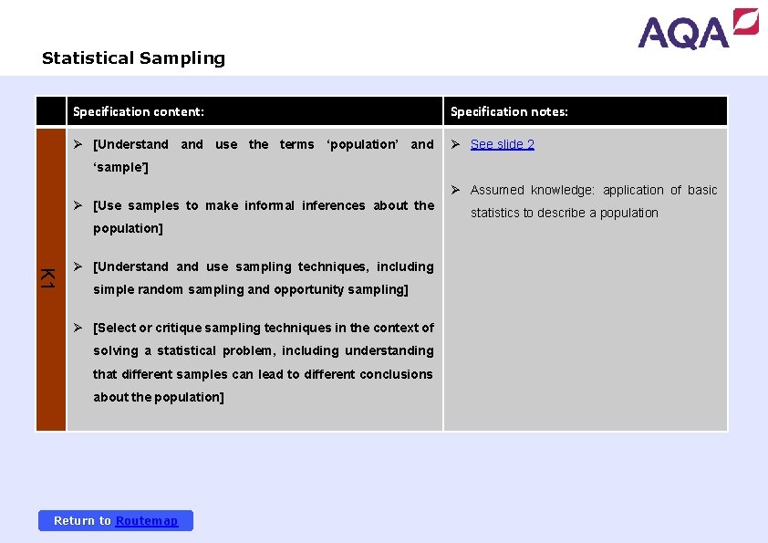 Continued on next page Statistical Sampling Specification content: Specification notes: Ø [Understand use the