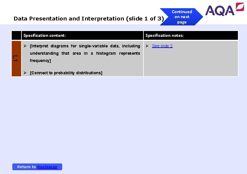 Data Presentation and Interpretation (slide 1 of 3) Continued on next page Specification content: