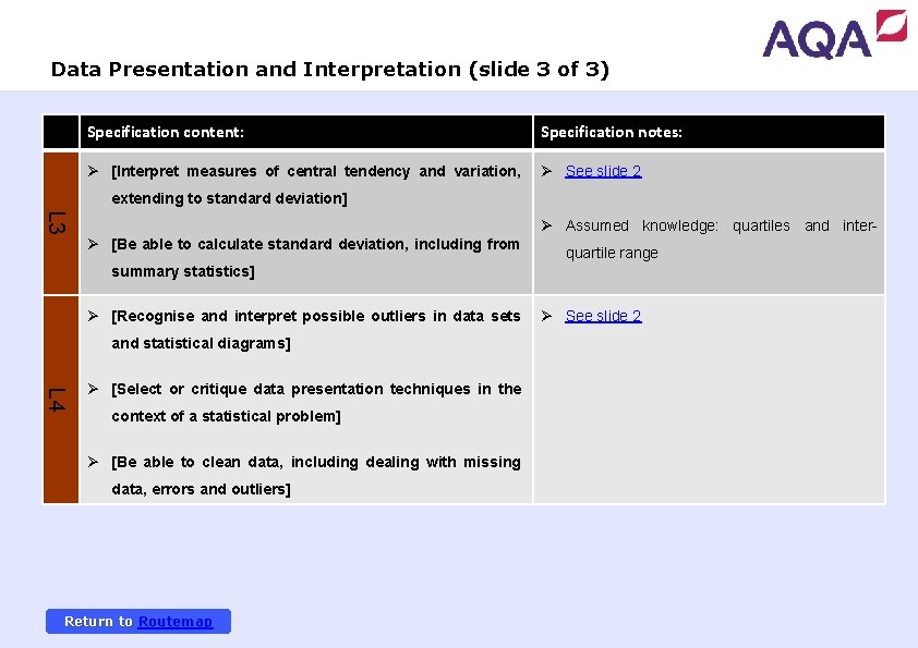 Data Presentation and Interpretation (slide 3 of 3) Continued on next page Specification content: