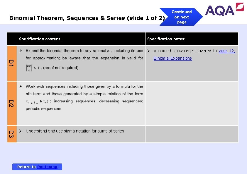 Binomial Theorem, Sequences & Series (slide 1 of 2) Specification content: Continued on next