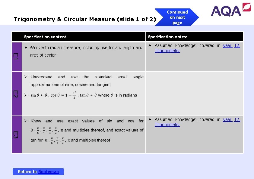 Trigonometry & Circular Measure (slide 1 of 2) Continued on next page E 1