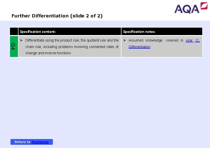 Further Differentiation (slide 2 of 2) Specification content: Specification notes: Ø Differentiate using the