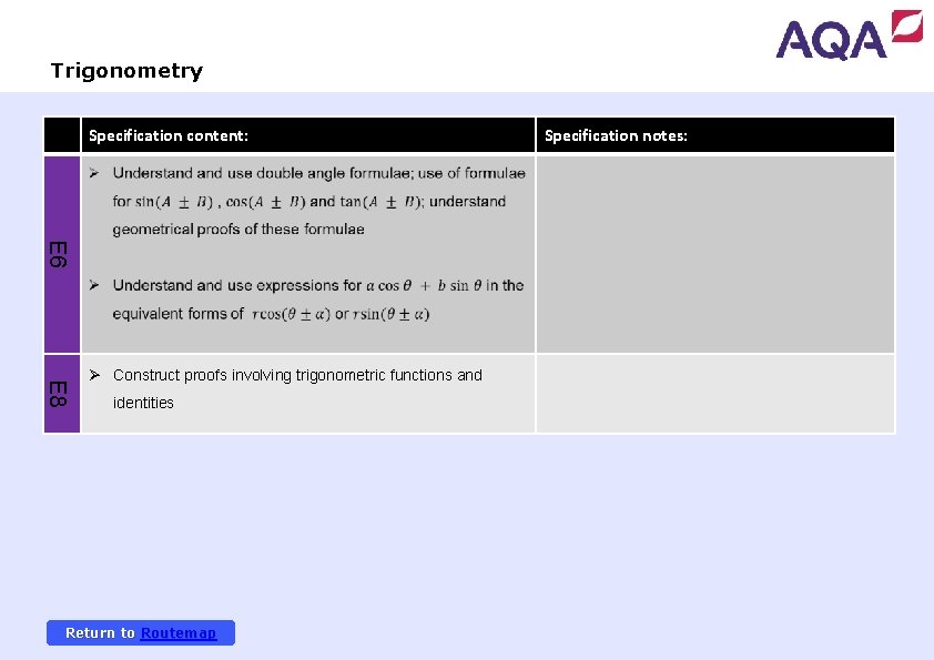 Trigonometry Specification content: E 6 E 8 Ø Construct proofs involving trigonometric functions and