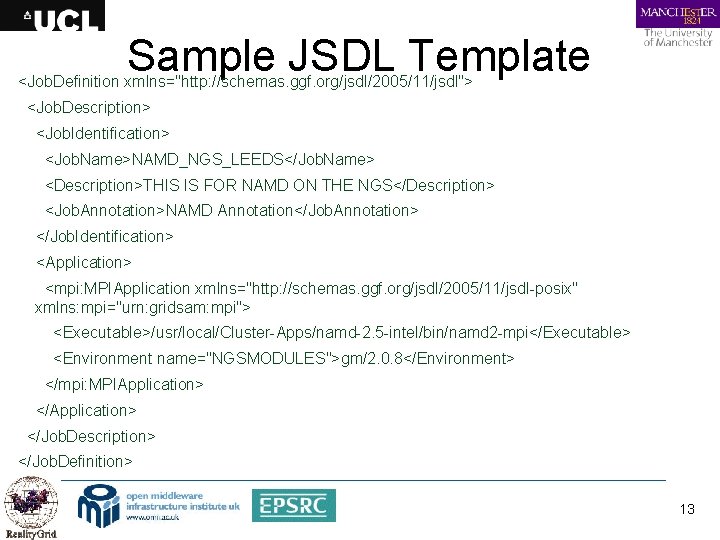 Sample JSDL Template <Job. Definition xmlns="http: //schemas. ggf. org/jsdl/2005/11/jsdl"> <Job. Description> <Job. Identification> <Job.