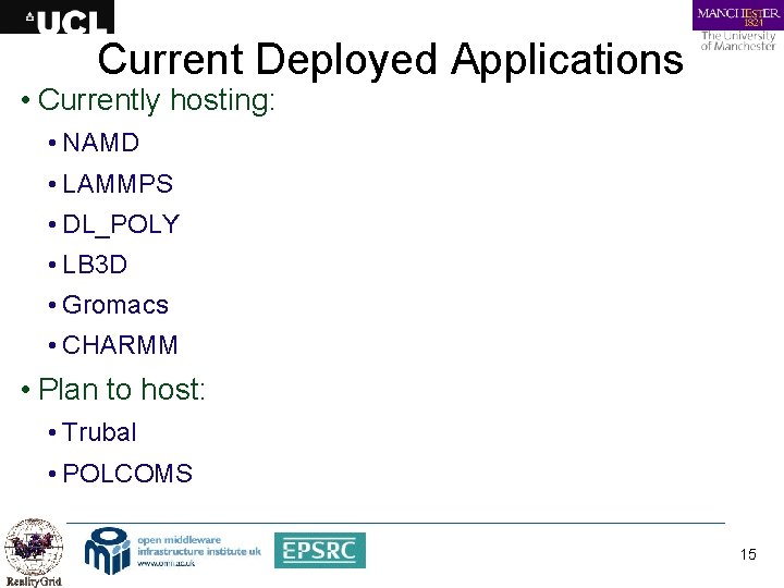 Current Deployed Applications • Currently hosting: • NAMD • LAMMPS • DL_POLY • LB