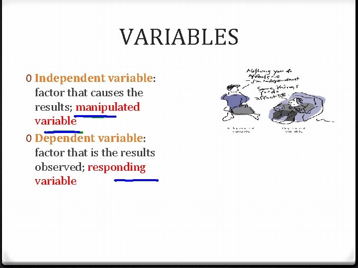VARIABLES 0 Independent variable: factor that causes the results; manipulated variable 0 Dependent variable: VARIABLES 0 Independent variable: factor that causes the results; manipulated variable 0 Dependent variable: