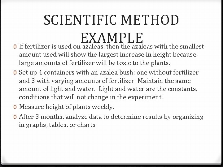 SCIENTIFIC METHOD EXAMPLE 0 If fertilizer is used on azaleas, then the azaleas with SCIENTIFIC METHOD EXAMPLE 0 If fertilizer is used on azaleas, then the azaleas with