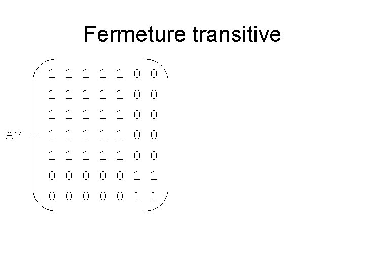 Fermeture transitive 1 1 1 A* = 1 1 0 0 1 1 1