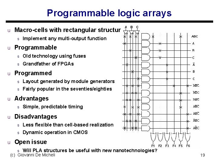 Programmable logic arrays u Macro-cells with rectangular structure s Implement any multi-output function u