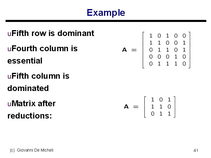Example u. Fifth row is dominant u. Fourth column is essential u. Fifth column