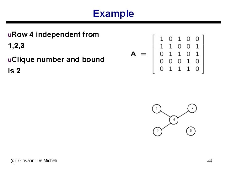 Example u. Row 4 independent from 1, 2, 3 u. Clique number and bound