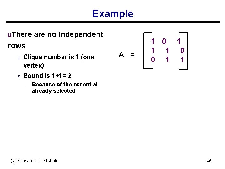 Example u. There are no independent rows s Clique number is 1 (one vertex)