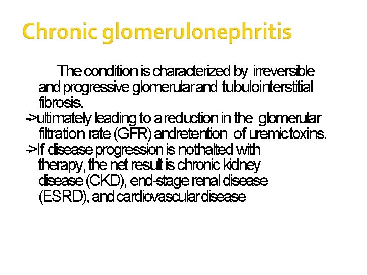 The condition is characterized by irreversible and progressive glomerularand tubulointerstitial fibrosis. ->ultimately leading to