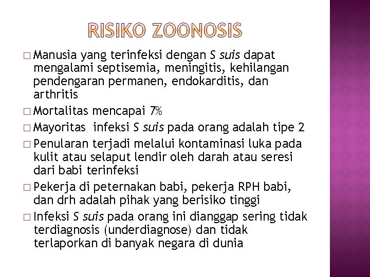 � Manusia yang terinfeksi dengan S suis dapat mengalami septisemia, meningitis, kehilangan pendengaran permanen,