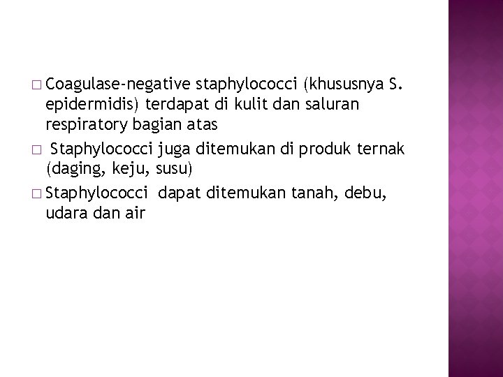 � Coagulase-negative staphylococci (khususnya S. epidermidis) terdapat di kulit dan saluran respiratory bagian atas