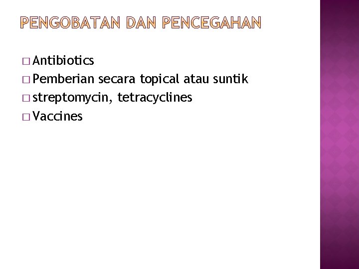 � Antibiotics � Pemberian secara topical atau suntik � streptomycin, tetracyclines � Vaccines 
