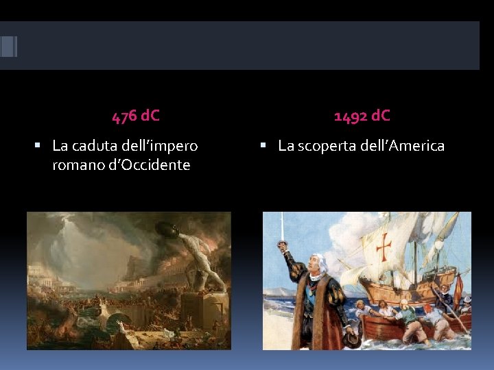 476 d. C La caduta dell’impero romano d’Occidente 1492 d. C La scoperta dell’America