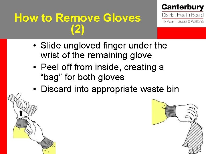 How to Remove Gloves (2) • Slide ungloved finger under the wrist of the