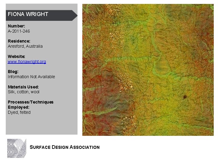 FIONA WRIGHT Number: A-2011 -246 Residence: Aresford, Australia Website: www. fionawright. org Blog: Information