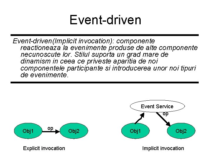Event-driven(Implicit invocation): componente reactioneaza la evenimente produse de alte componente necunoscute lor. Stilul suporta