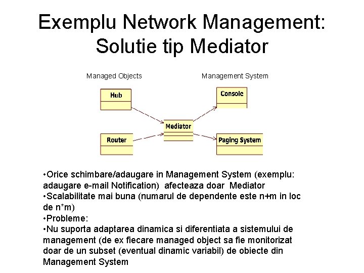 Exemplu Network Management: Solutie tip Mediator Managed Objects Management System • Orice schimbare/adaugare in