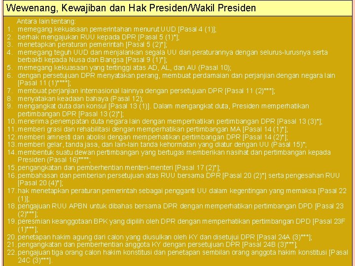 Wewenang, Kewajiban dan Hak Presiden/Wakil Presiden Antara lain tentang: memegang kekuasaan pemerintahan menurut UUD