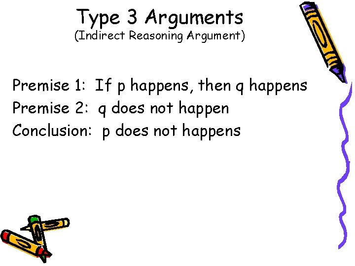 Type 3 Arguments (Indirect Reasoning Argument) Premise 1: If p happens, then q happens
