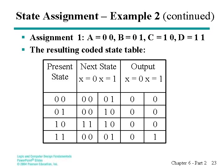 State Assignment – Example 2 (continued) § Assignment 1: A = 0 0, B