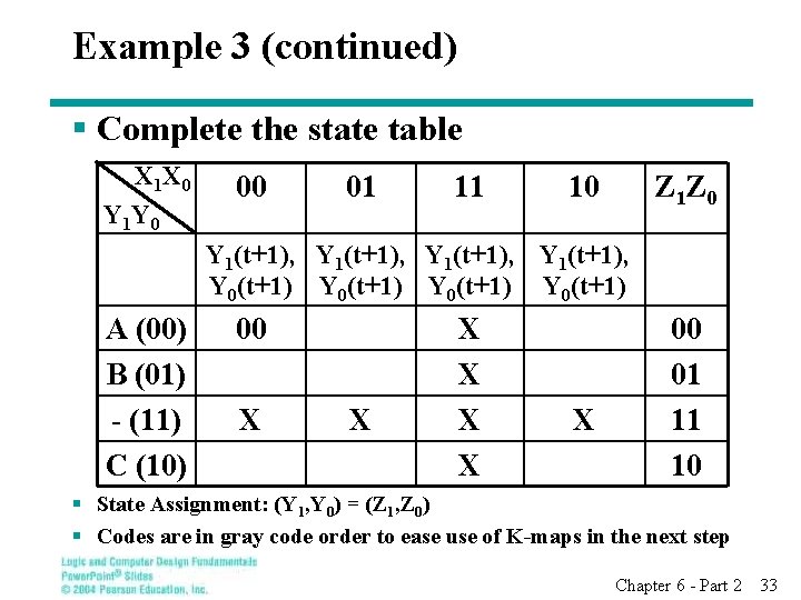 Example 3 (continued) § Complete the state table X 1 X 0 Y 1