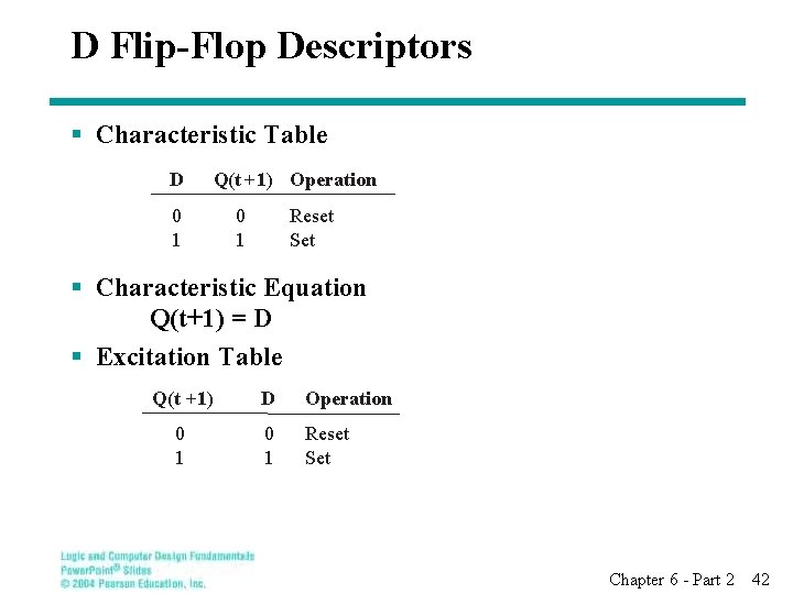 D Flip-Flop Descriptors § Characteristic Table D Q(t + 1) Operation 0 1 Reset