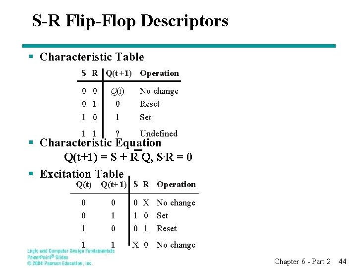 S-R Flip-Flop Descriptors § Characteristic Table S R Q(t +1) Operation 0 0 0