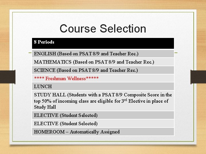 Course Selection 8 Periods ENGLISH (Based on PSAT 8/9 and Teacher Rec. ) MATHEMATICS