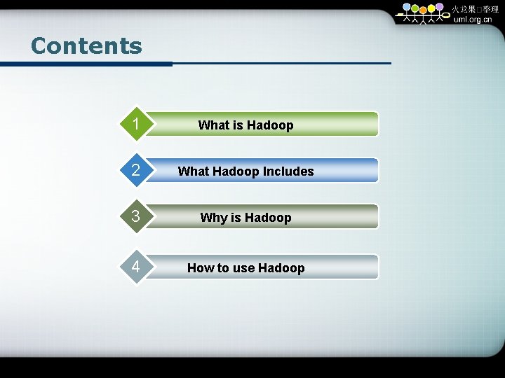 Contents 1 What is Hadoop 2 What Hadoop Includes 3 Why is Hadoop 4