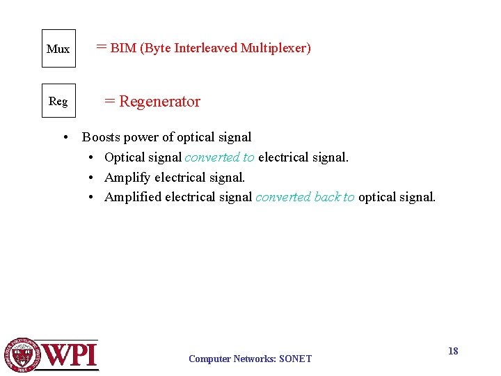 Mux Reg = BIM (Byte Interleaved Multiplexer) = Regenerator • Boosts power of optical