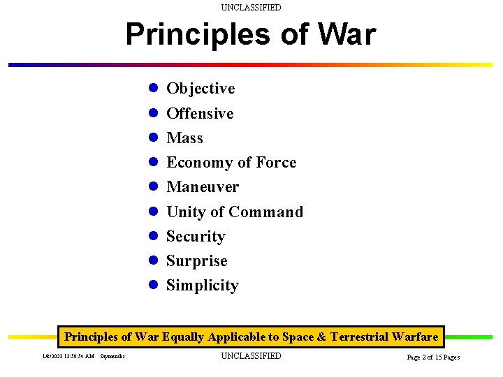 UNCLASSIFIED Principles of War l Objective l Offensive l Mass l Economy of Force