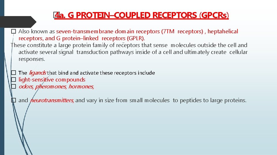 � 4 a. G PROTEIN–COUPLED RECEPTORS (GPCRs) � Also known as seven-transmembrane domain receptors