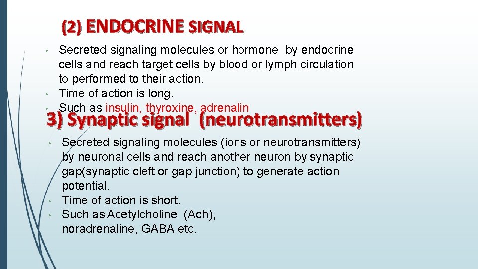 (2) ENDOCRINE SIGNAL • • • Secreted signaling molecules or hormone by endocrine cells