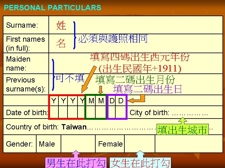 PERSONAL PARTICULARS 姓 Surname: First names (in full): Maiden name: 名 必須與護照相同 填寫四碼出生西元年份 (出生民國年+1911)