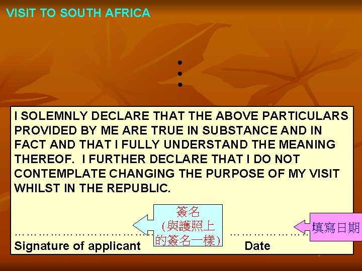 VISIT TO SOUTH AFRICA I SOLEMNLY DECLARE THAT THE ABOVE PARTICULARS PROVIDED BY ME