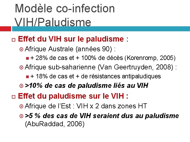 Modèle co-infection VIH/Paludisme Effet du VIH sur le paludisme : Afrique + 28% de