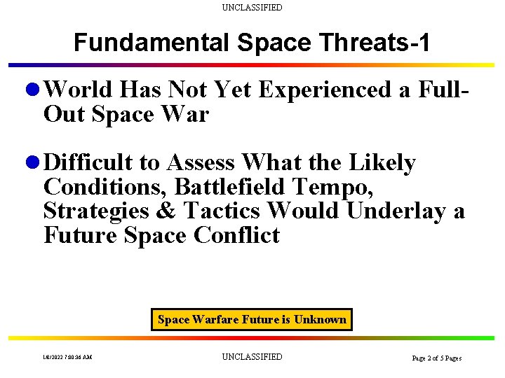 UNCLASSIFIED Fundamental Space Threats-1 l World Has Not Yet Experienced a Full- Out Space