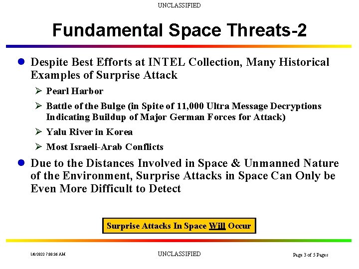 UNCLASSIFIED Fundamental Space Threats-2 l Despite Best Efforts at INTEL Collection, Many Historical Examples