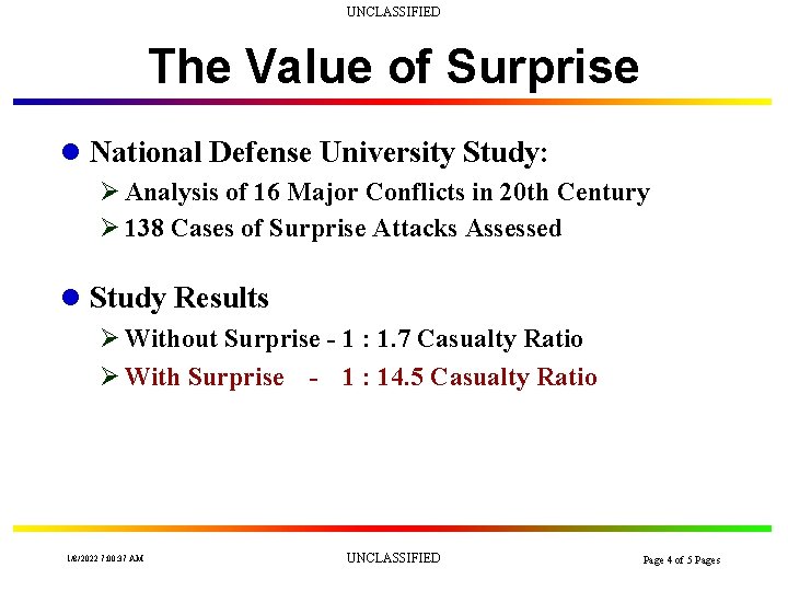 UNCLASSIFIED The Value of Surprise l National Defense University Study: Ø Analysis of 16