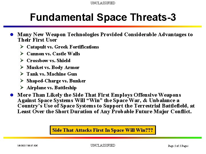 UNCLASSIFIED Fundamental Space Threats-3 l Many New Weapon Technologies Provided Considerable Advantages to Their