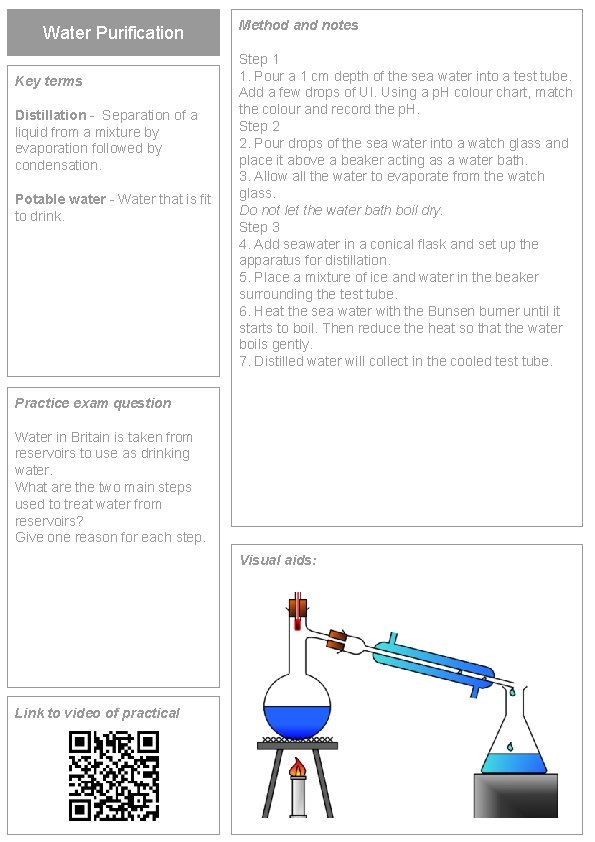 Water Purification Key terms Distillation - Separation of a liquid from a mixture by