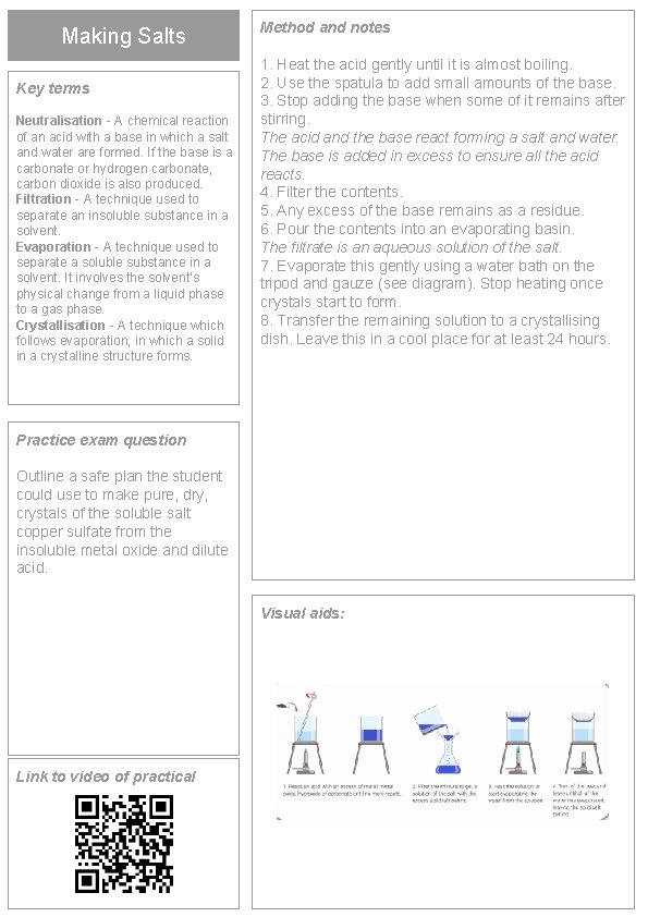 Making Salts Key terms Neutralisation - A chemical reaction of an acid with a